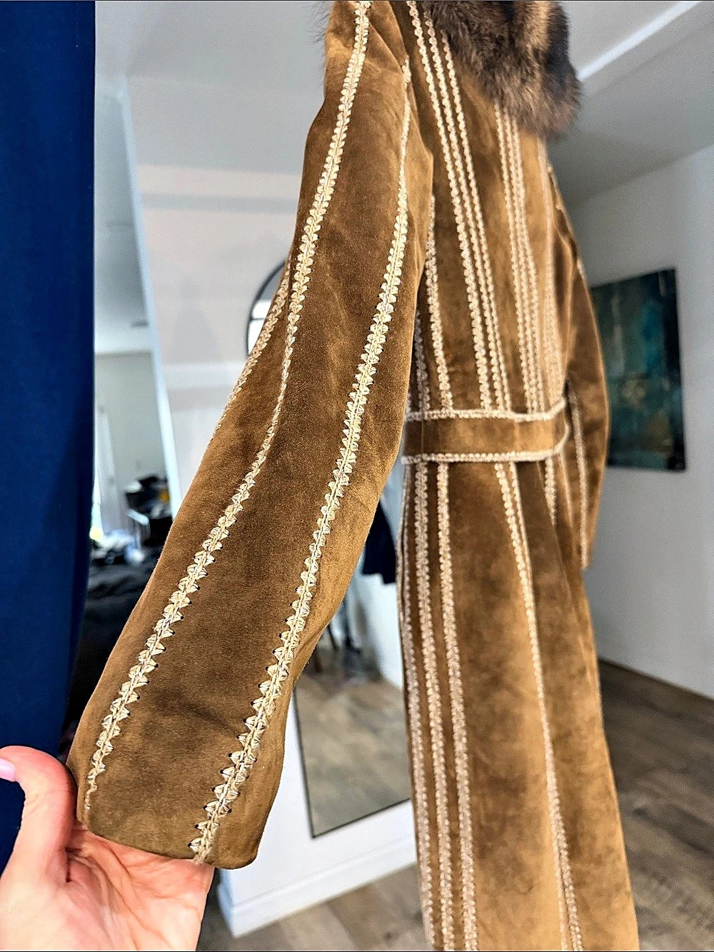 Prada Brown Leather Fur-Collar Coat Size 38 Like New 🧥🤎 vintage Y2K - Picture 5 of 16